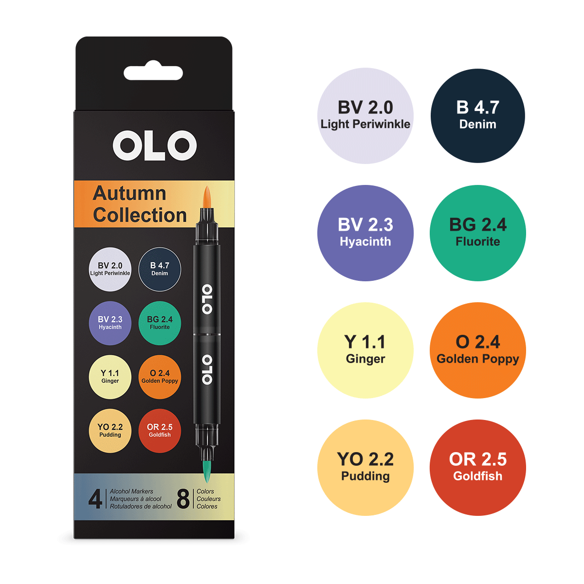 Olo Color Set 2 4pc Set Autumn Collection Brush Tip - 4 Alcohol Markers / 8 Color Set