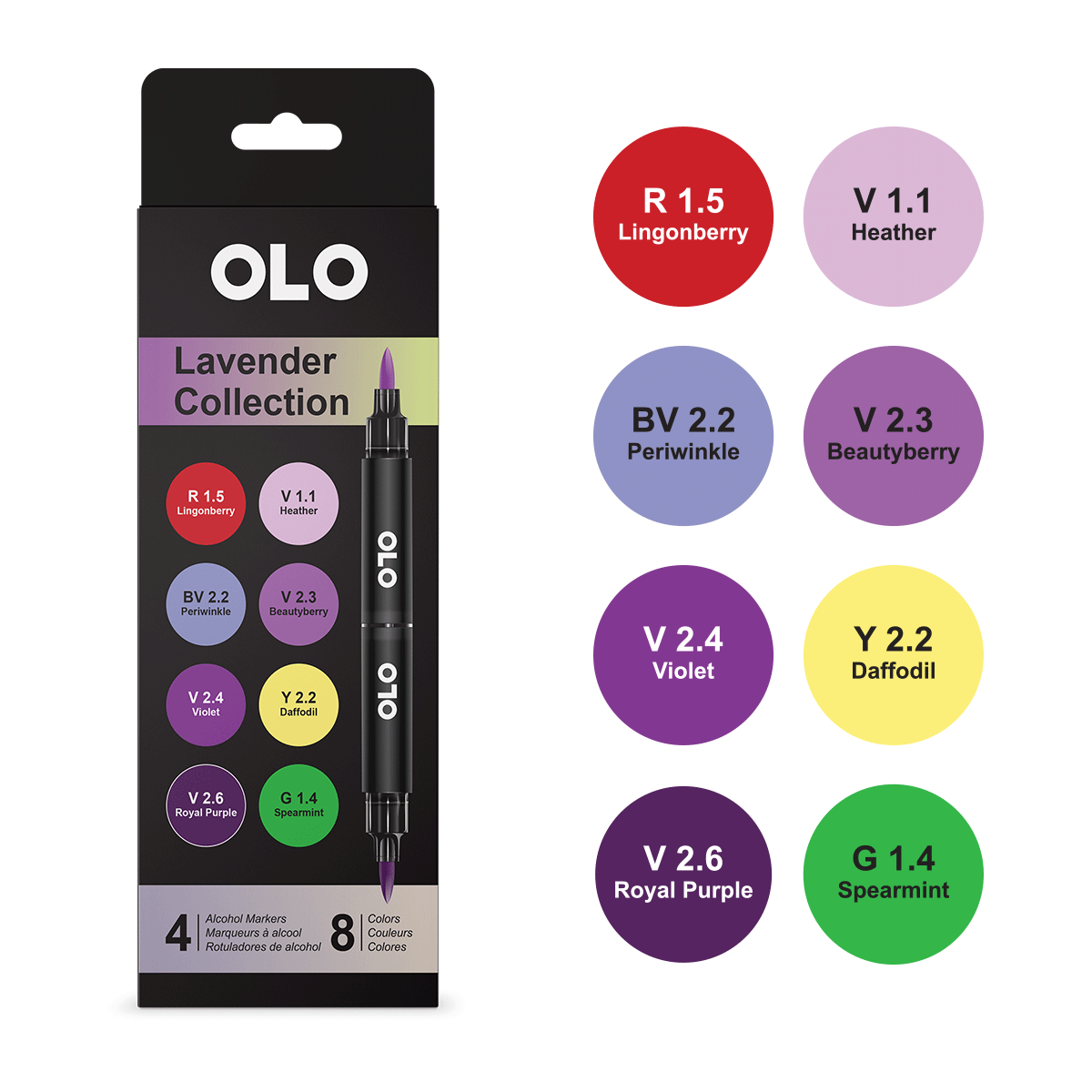 Olo Color Set 4 4pc Set Lavender Collection Brush Tip - 4 Alcohol Markers / 8 Color Set