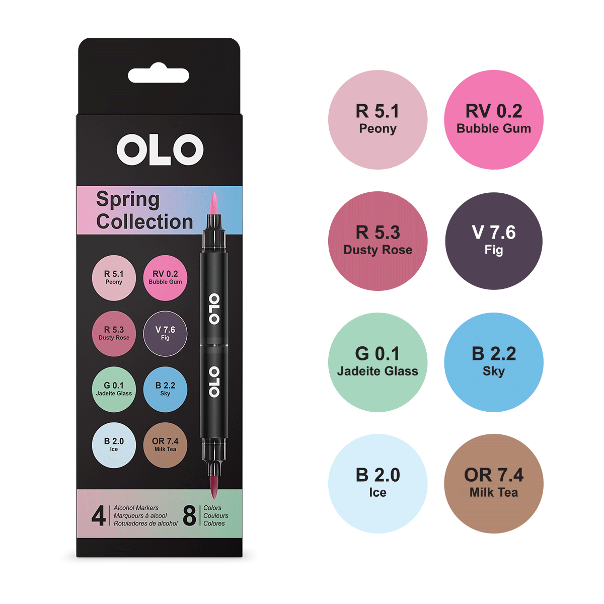 Olo Color Set 1 4pc Set Spring Collection Brush Tip - 4 Alcohol Markers / 8 Color Set