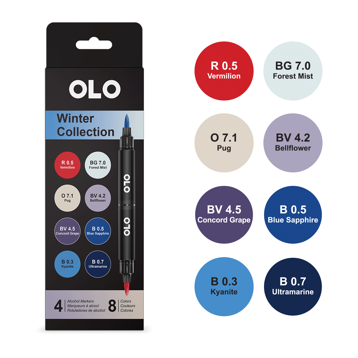 Olo Color Set 3 4pc Set Winter Collection Brush Tip - 4 Alcohol Markers / 8 Color Set