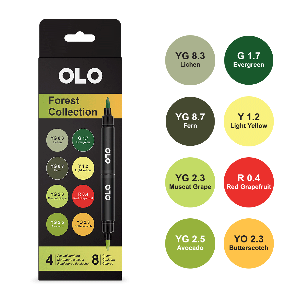 Olo Color Set 5 4pc Set Forest Collection Brush Tip - 4 Alcohol Markers / 8 Color Set