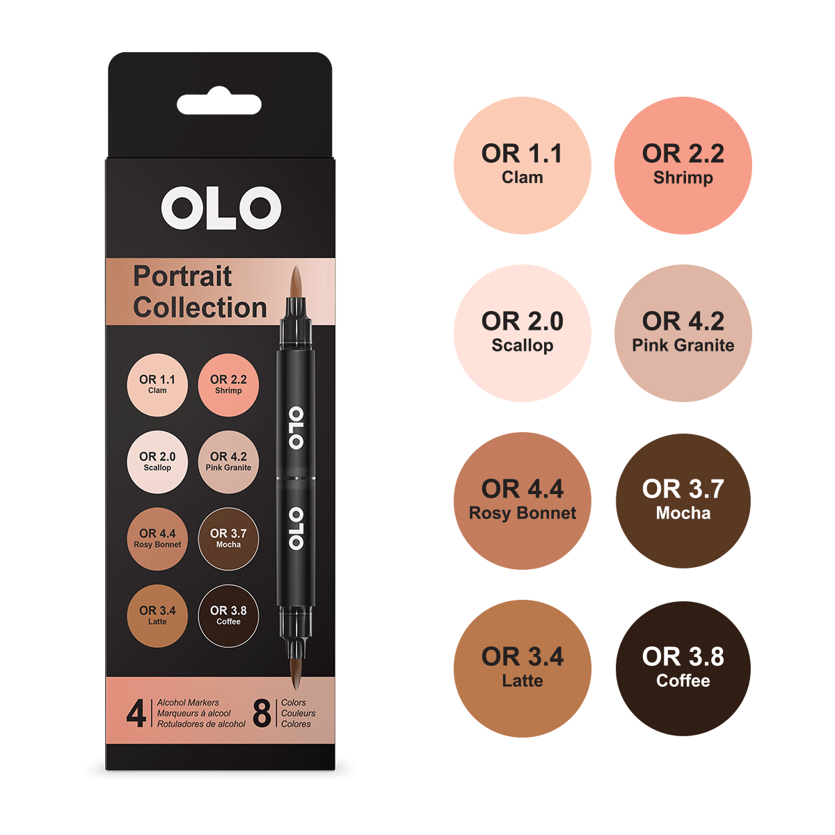 Olo Color Set 6 4pc Set Portrait Collection Brush Tip - 4 Alcohol Markers / 8 Color Set
