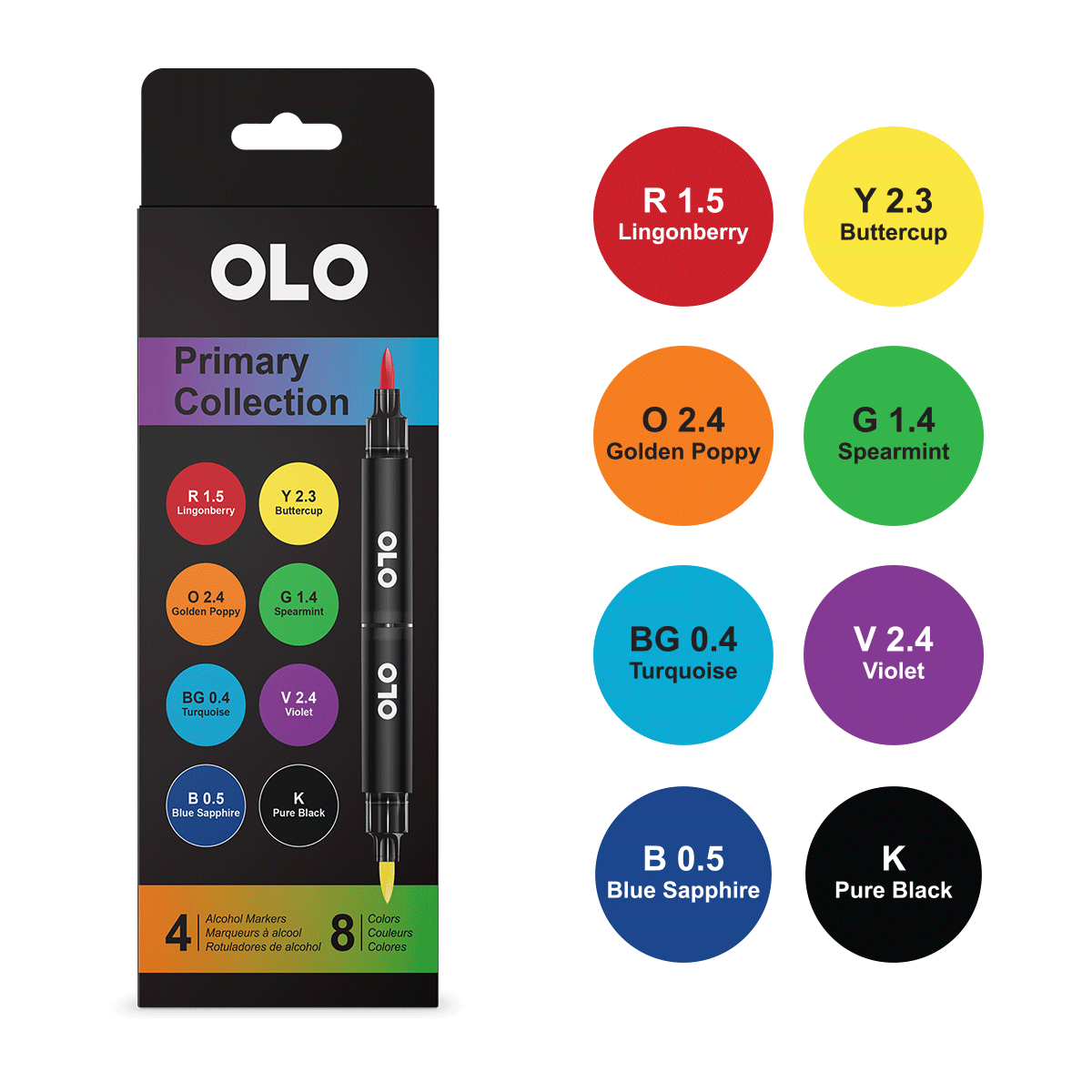 Olo Color Set 7 4pc Set Primary Collection Brush Tip - 4 Alcohol Markers / 8 Color Set