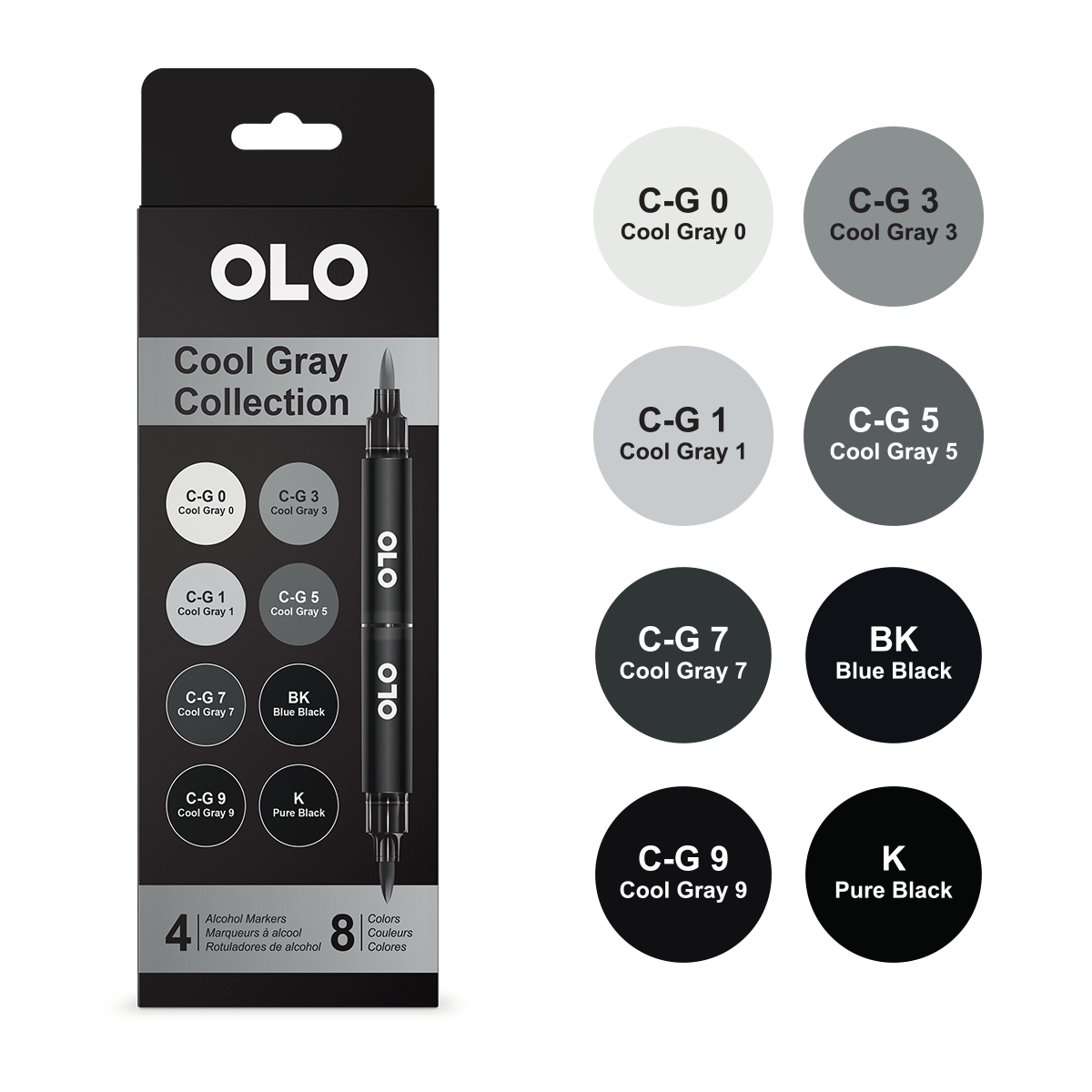 Olo Color Set 8 4pc Set Cool Grey Collection Brush Tip - 4 Alcohol Markers / 8 Color Set