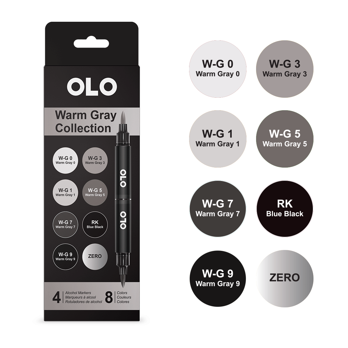 Olo Color Set 9 4pc Set - Warm Grey Collection Brush Tip - 4 Alcohol Markers / 8 Color Set