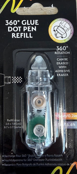 Arden Creative 360° Glue Dot Pen Refill packaging with clear pen and black background