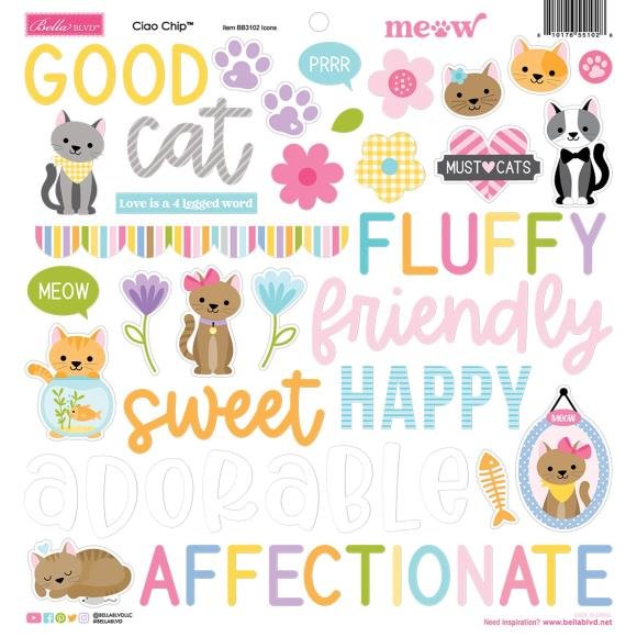 Meow Ciao Chip Icons 12x12 Chipboard Stickers