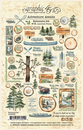Graphic 45 Adventure Awaits Die Cut Embellishments Pack featuring blue and green nature inspired pieces