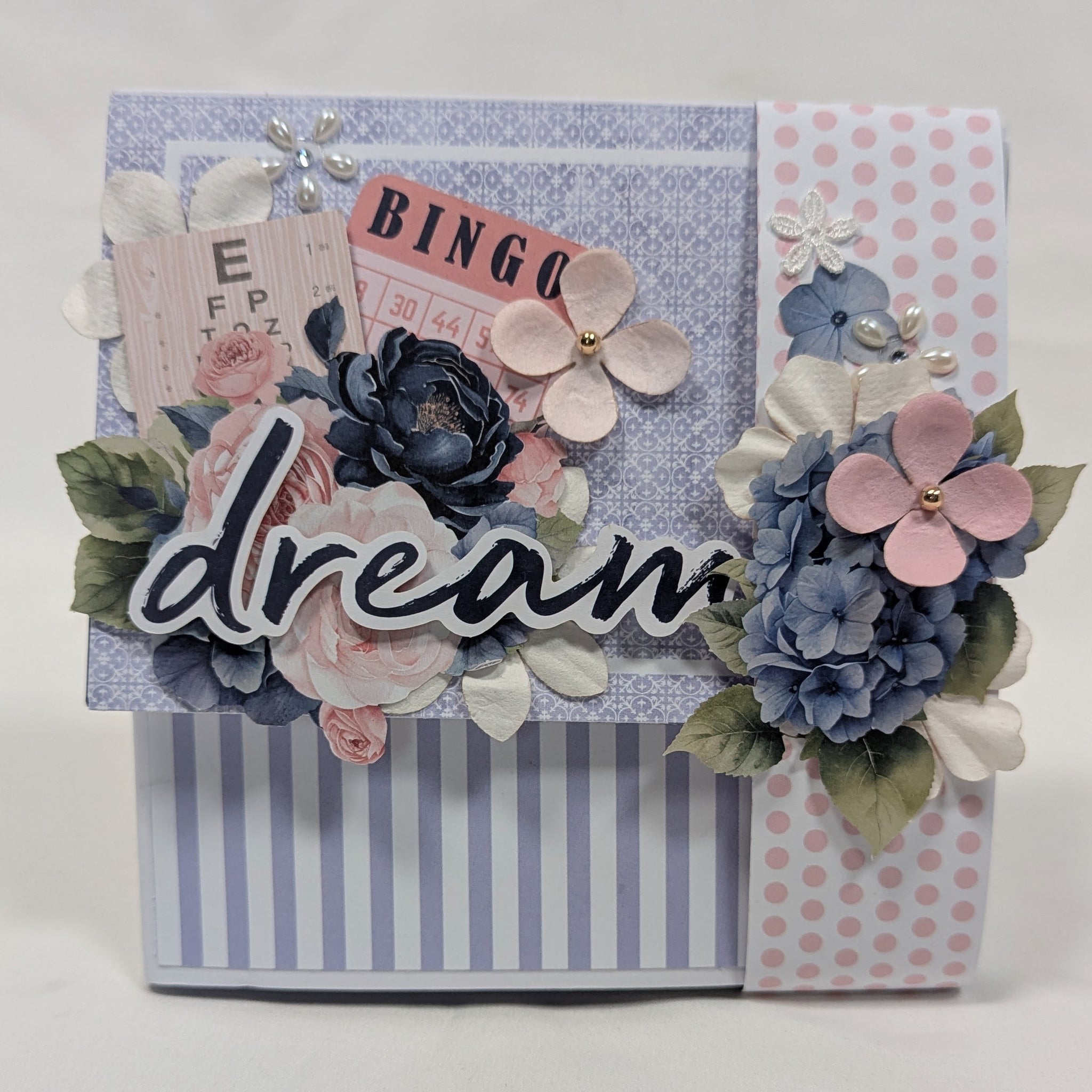 Indigo Bloom Flip Folio Album Kit featuring Uniquely Creative papers, florals, and embellishments. Includes video tutorials and bonus 12x12 layout.