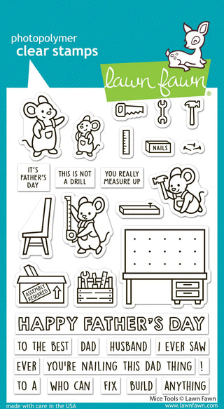 Lawn Fawn Mice Tools Stamp set features adorable mice with tools and sentiments for Happy Father's Day and to the best dad