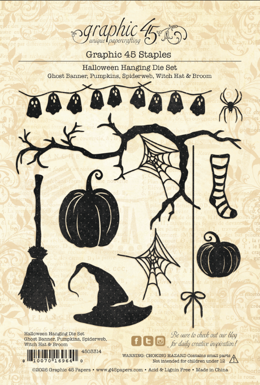 Halloween Hanging Die Set - Ghost Banner, Pumpkins, Spiderweb, Witch Hat & Broom