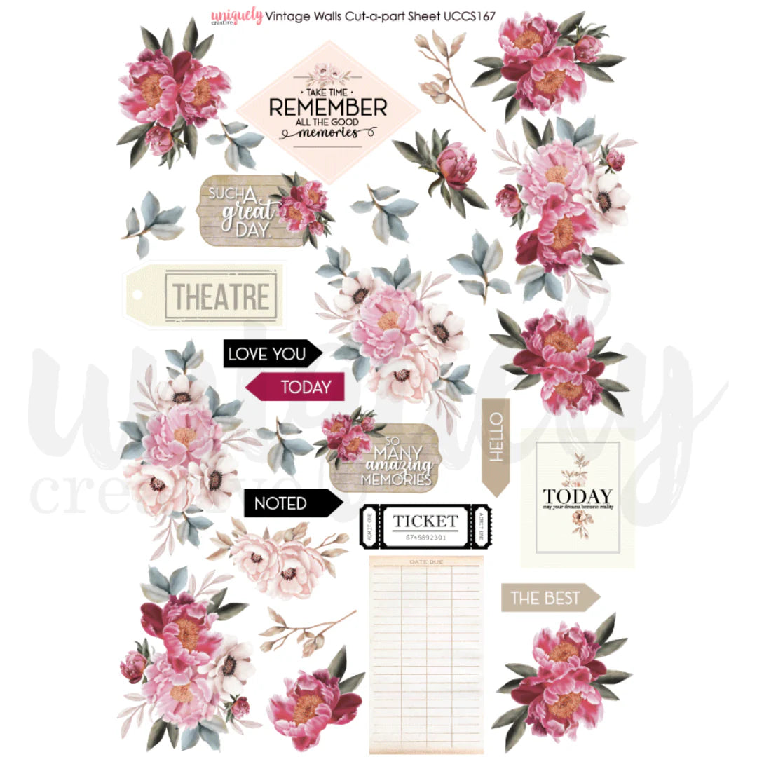 Uniquely Creative Vintage Walls Cut a Part Sheet with Flowers, ticket and love themed arrows