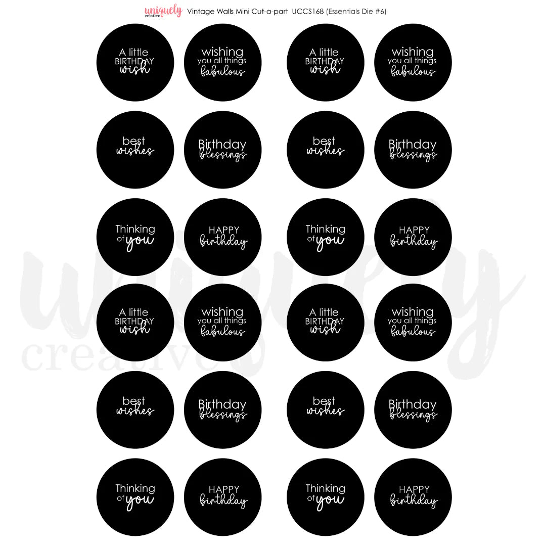 Vintage Walls Cut a Part Sheet Mini Black circles with white text birthday and thinking of you greetings