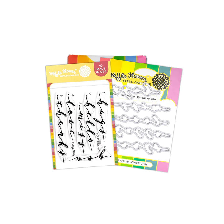 Waffle Flower WFC2203 Script Greetings Combo Stamp and Die Sentiment Set
